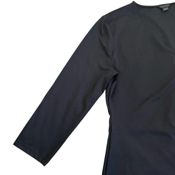 Ann Taylor Sz L Black Refined Stretch Wrap Top 3/4 Sleeve Fitted Feminine Office - Picture 10 of 16